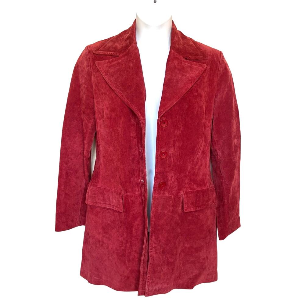 Vintage Newport News 90's Wide Lapel Suede Long Coat Raspberry Wine Red Size 12